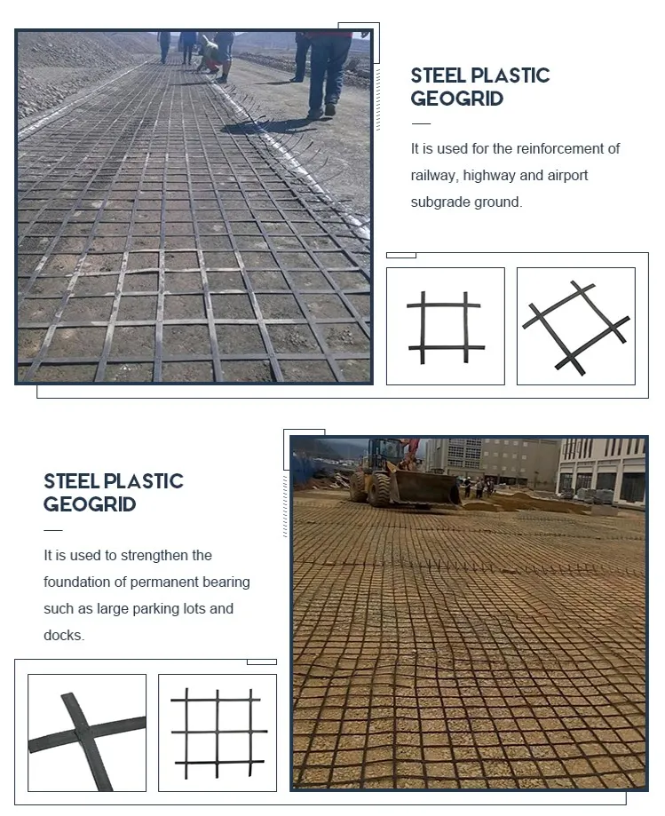 Résistance à la tension élevée soudage biaxial acier plastique composite terrassement géogrille pour la stabilisation du sol caractéristique anti-érosion 3