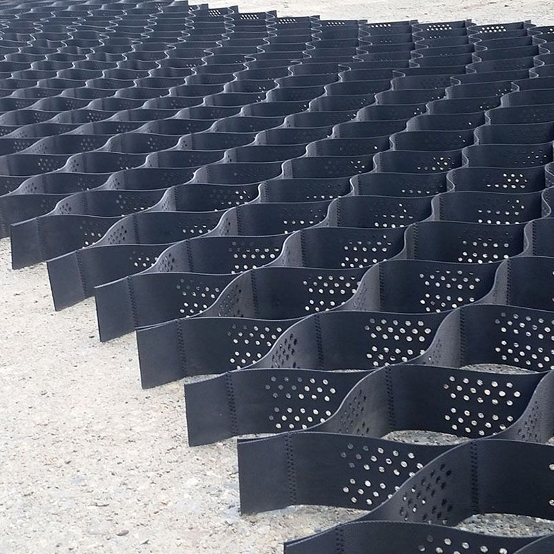 Réseau de gravier géocellulaire en plastique HDPE texturé et perforé destiné à la stabilisation des allées, au renforcement de la base des routes, au parking et à la protection des pentes